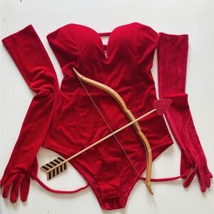 Red velvet Cupid costume with gloves and bow & arrow